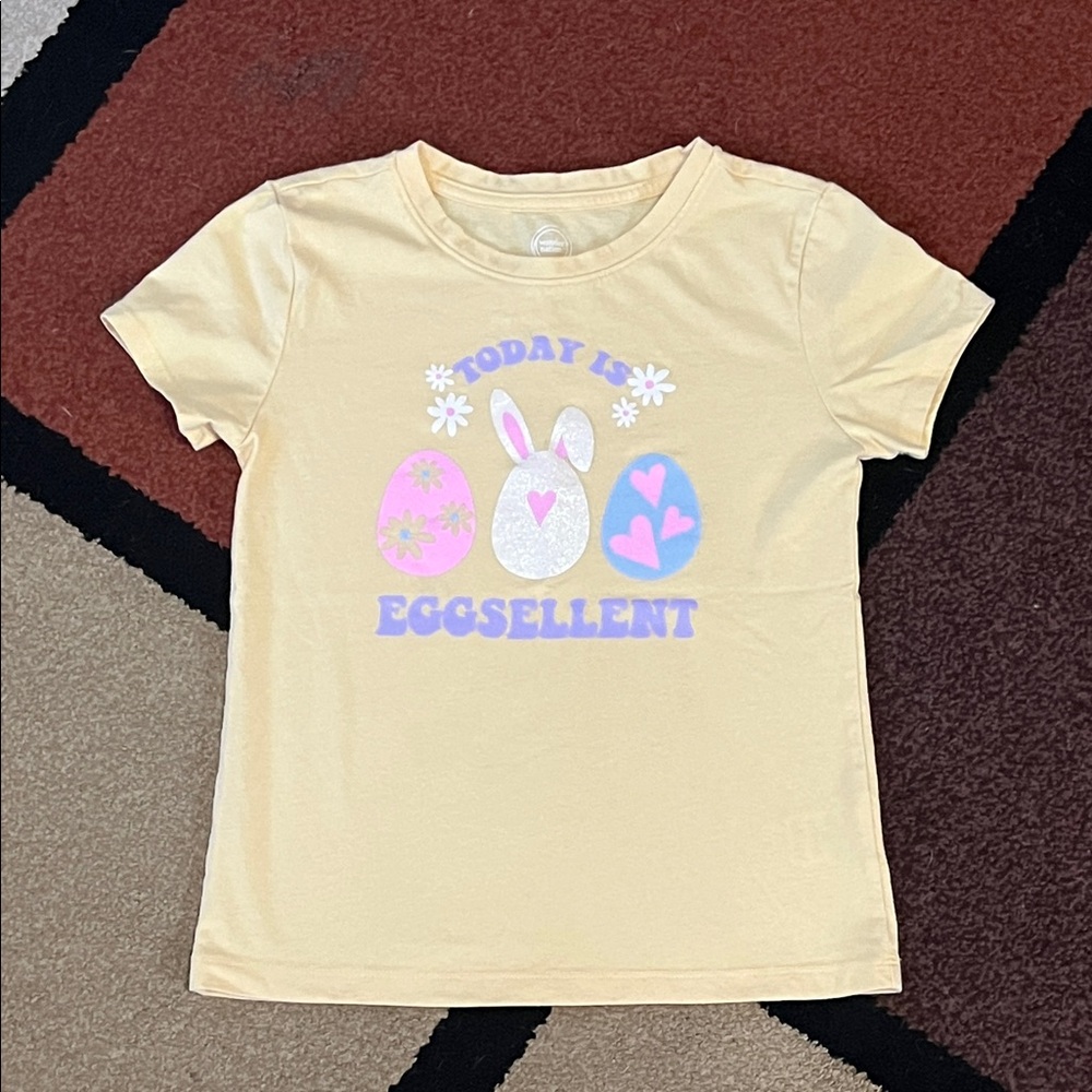Yellow Easter T-Shirt / TODAY IS EGGSELLENT / Size M 7/8 girls 🐣🐰🌸🥚